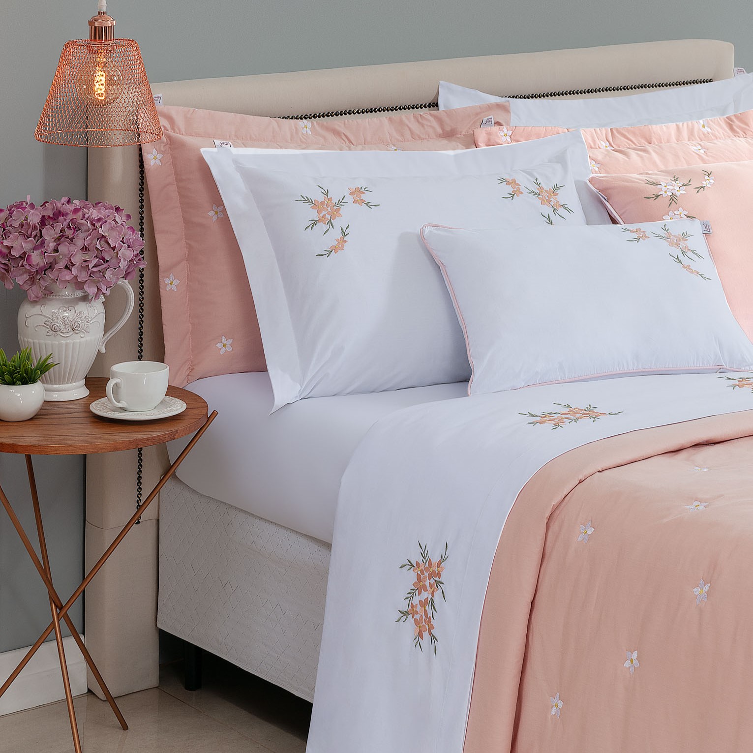 JOGO DE CAMA QUEEN BEM ME QUER 4 PEÇAS - BORDADO - PERCAL 230 FIOS PURO ALGODÃO foto adicional 1