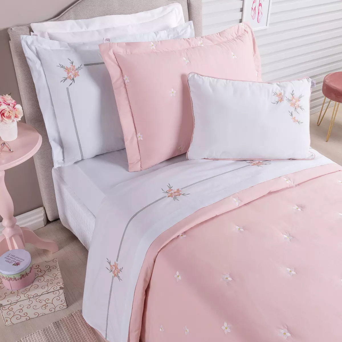 JOGO DE CAMA SOLTEIRO BEM - ME - QUER 3 PEÇAS - BORDADO - PERCAL 230 FIOS  PURO ALGODÃO