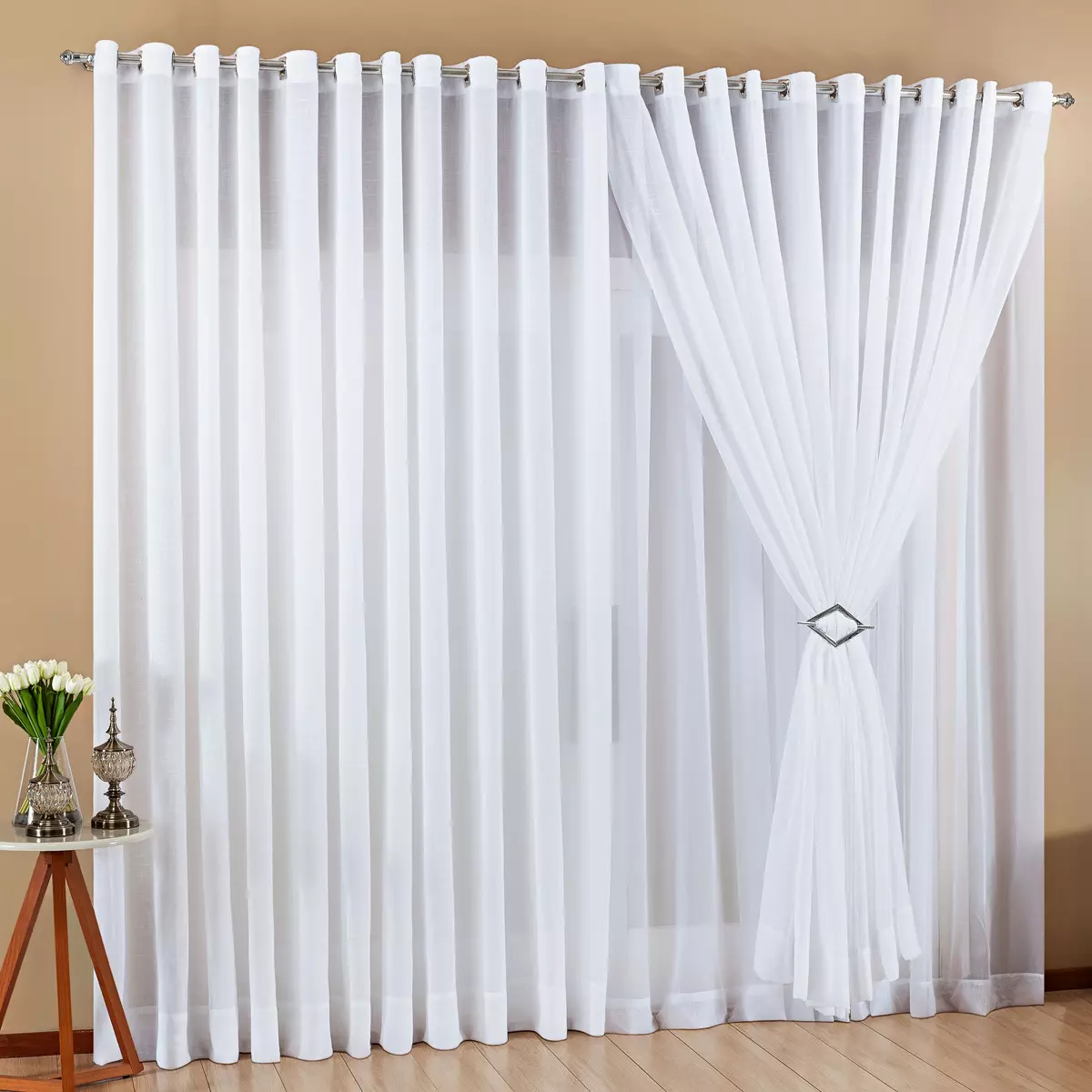 CORTINA TRÉCCIA  DE GAZE DE LINHO E VOIL BORDADO COM ILHÓS CROMADO PARA ESPAÇO DE 3,00 M LARG X 2,80M ALT. foto adicional 5